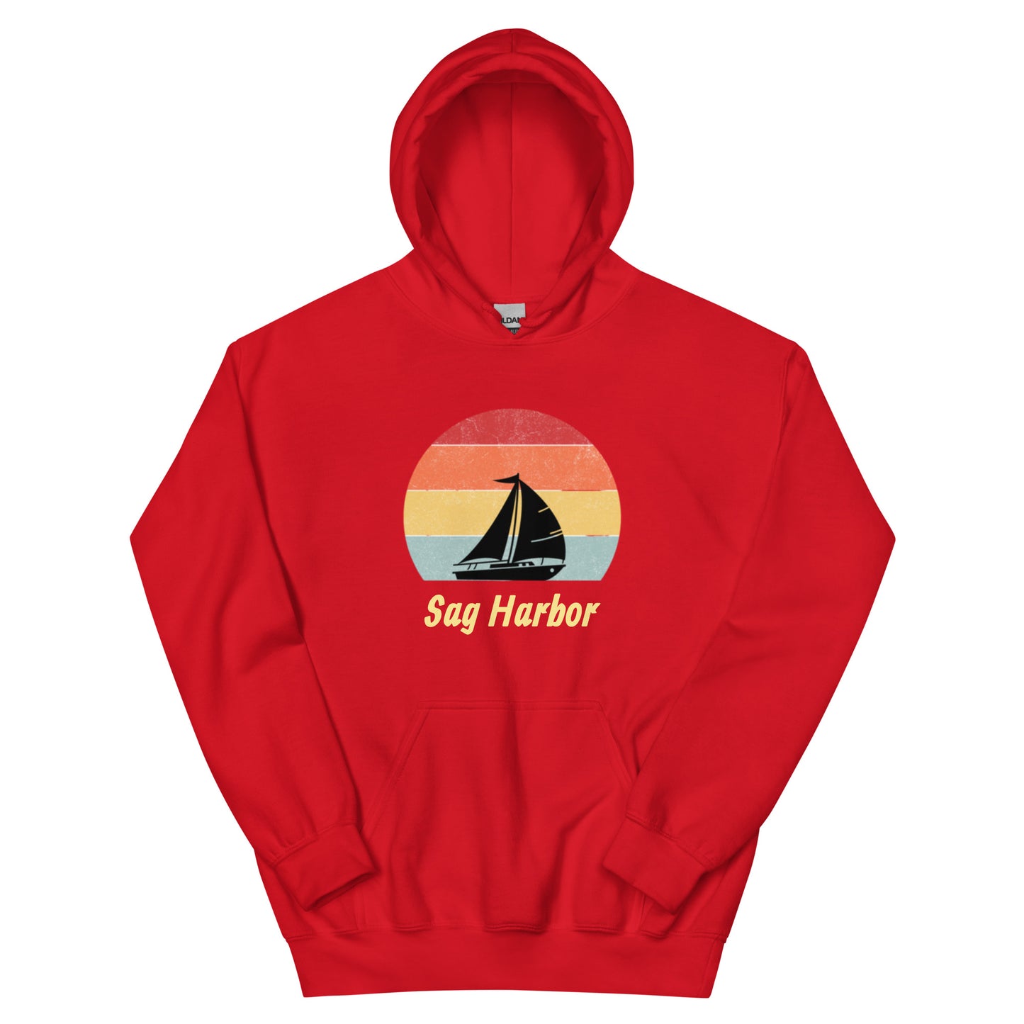 Red Sag Harbor Unisex Hoodie - Coastal Comfort & Style featuring vintage beach-themed sailboat graphic, great for New York beachwear.