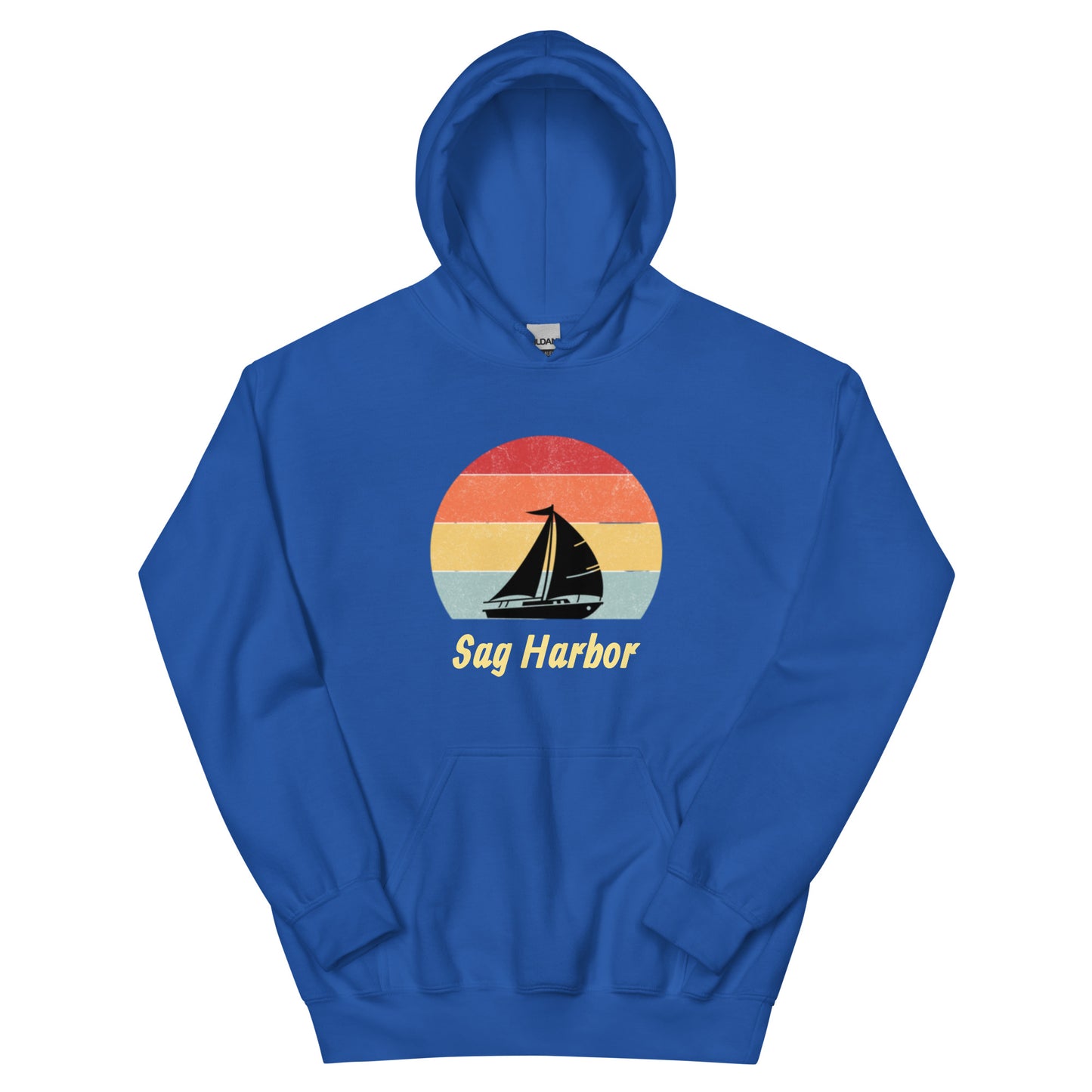 Royal blue Sag Harbor Unisex Hoodie - Coastal Comfort & Style with vintage sailboat and sunset print, perfect for Montauk hoodie lovers.