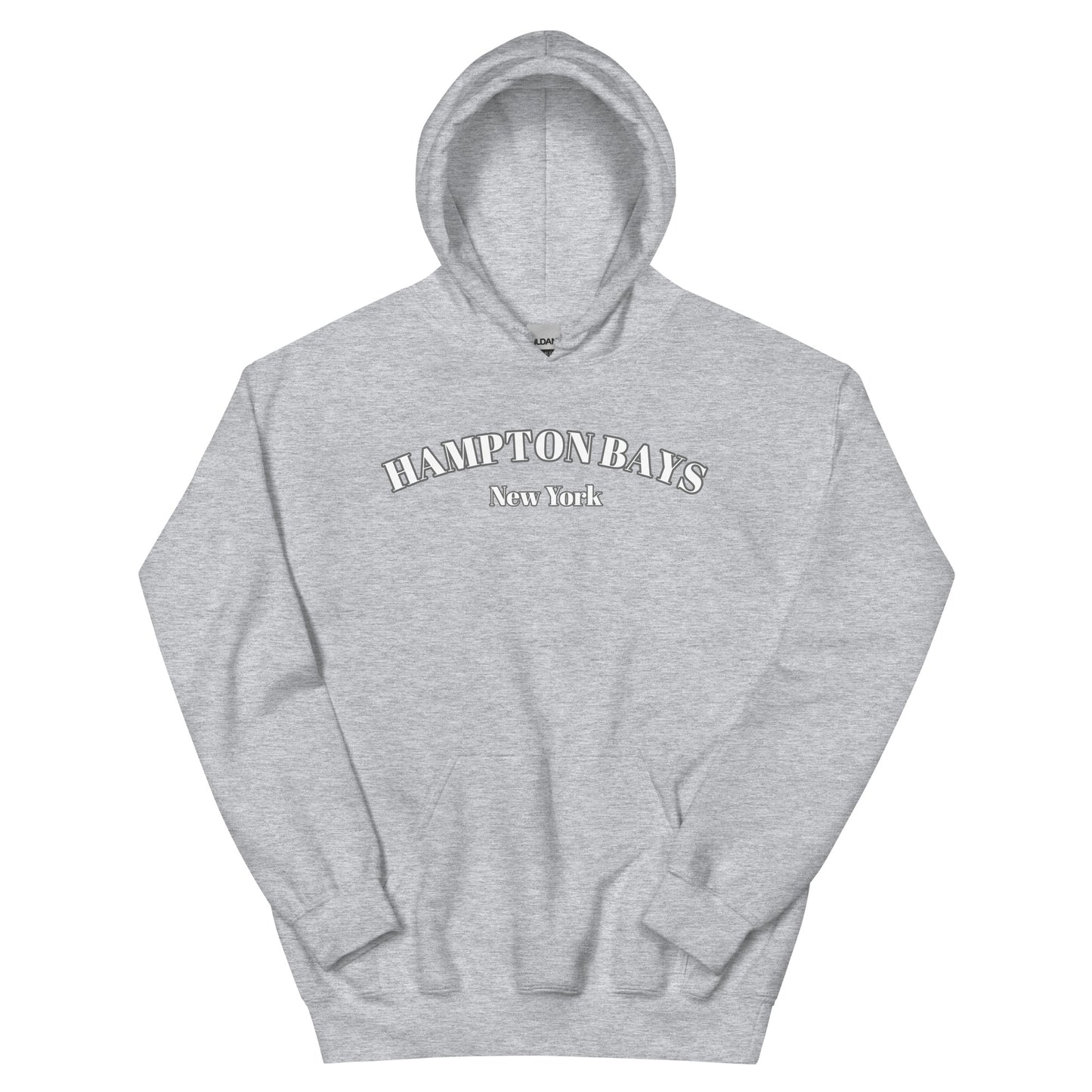 Light heather gray Hampton Bays Hoodie flat lay, cozy unisex sweatshirt for beach lovers and casual New York style.