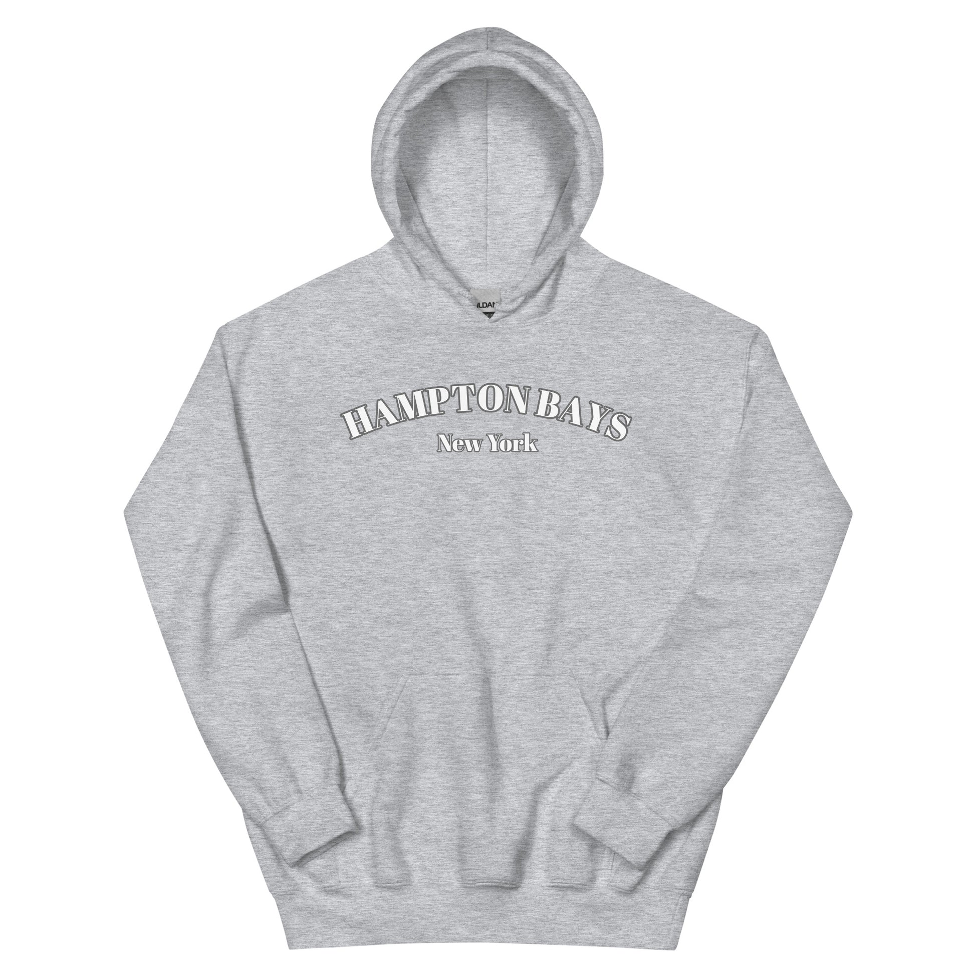Light heather gray Hampton Bays Hoodie flat lay, cozy unisex sweatshirt for beach lovers and casual New York style.
