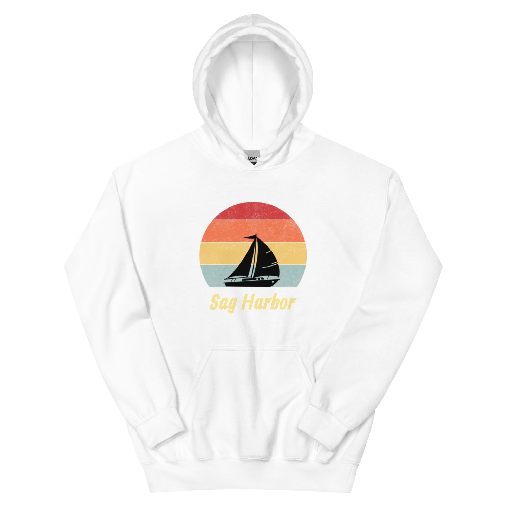 White Sag Harbor Unisex Hoodie - Coastal Comfort & Style featuring retro sailboat and sunset graphic, ideal for beach town hoodie lovers.
