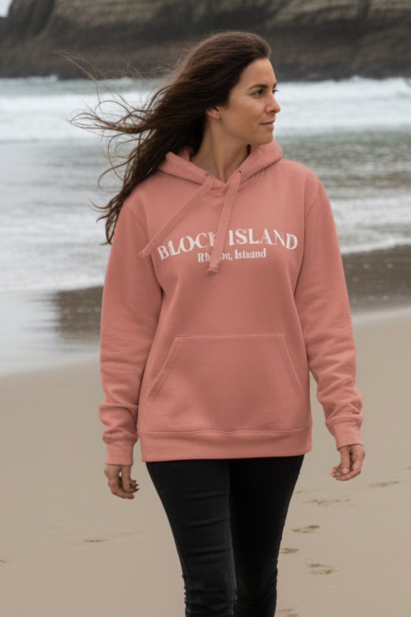 Block Island hoodie in dusty rose, front view
