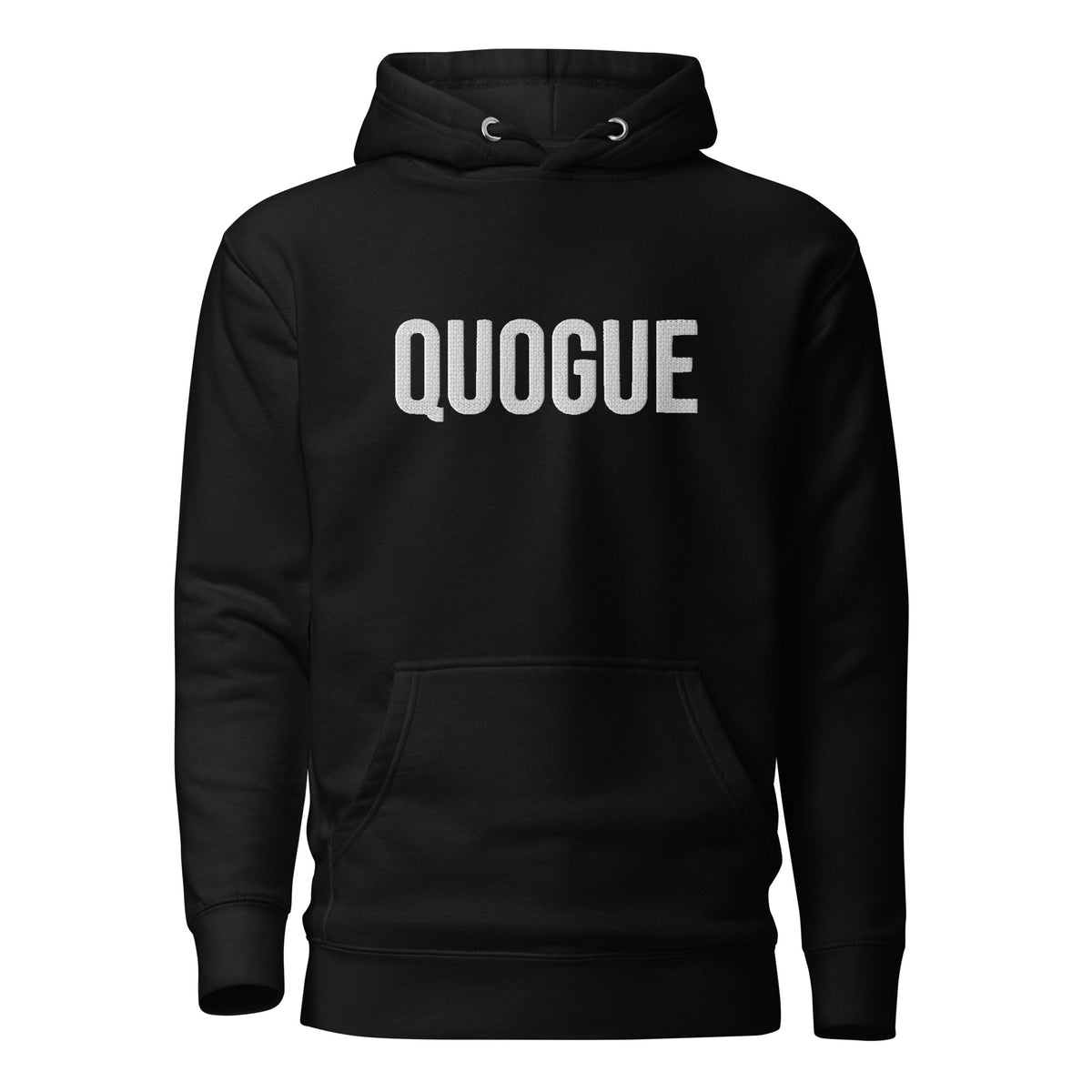 Quogue embroidered hoodie in black, front view