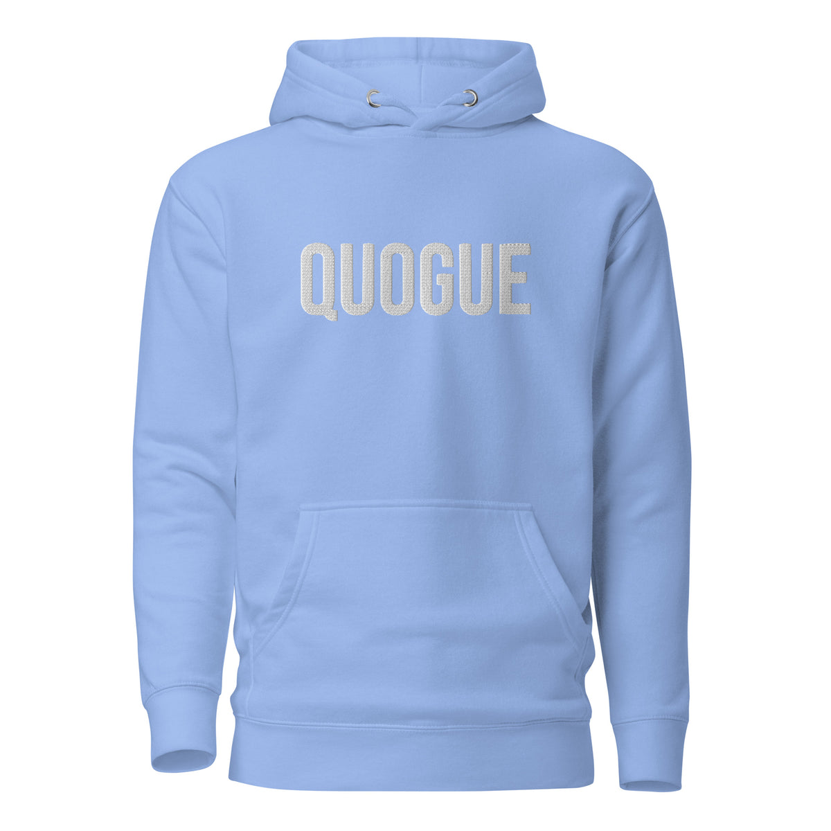 Quogue embroidered hoodie in carolina blue, front view