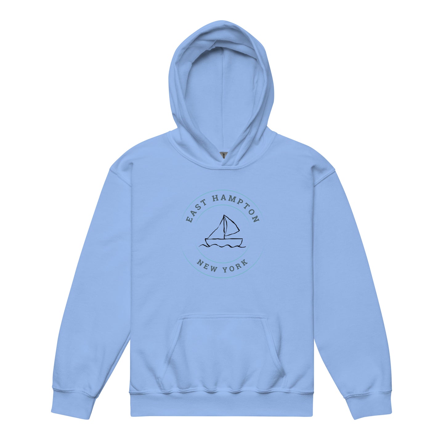 Light blue Kids East Hampton Sweatshirt featuring a sailboat design and East Hampton New York print, ideal for beach town style lovers.