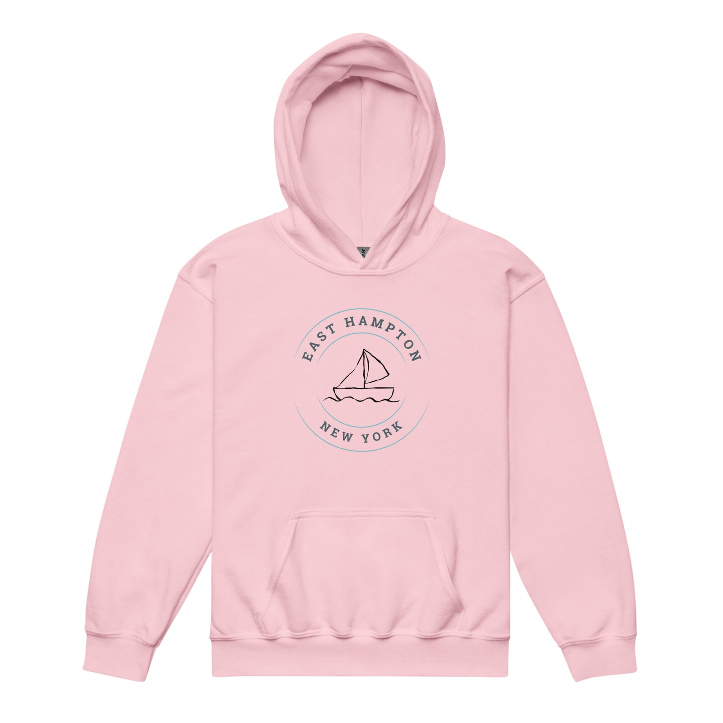 Pink Kids East Hampton Sweatshirt with minimalist sailboat logo and East Hampton New York text, stylish coastal apparel for kids.