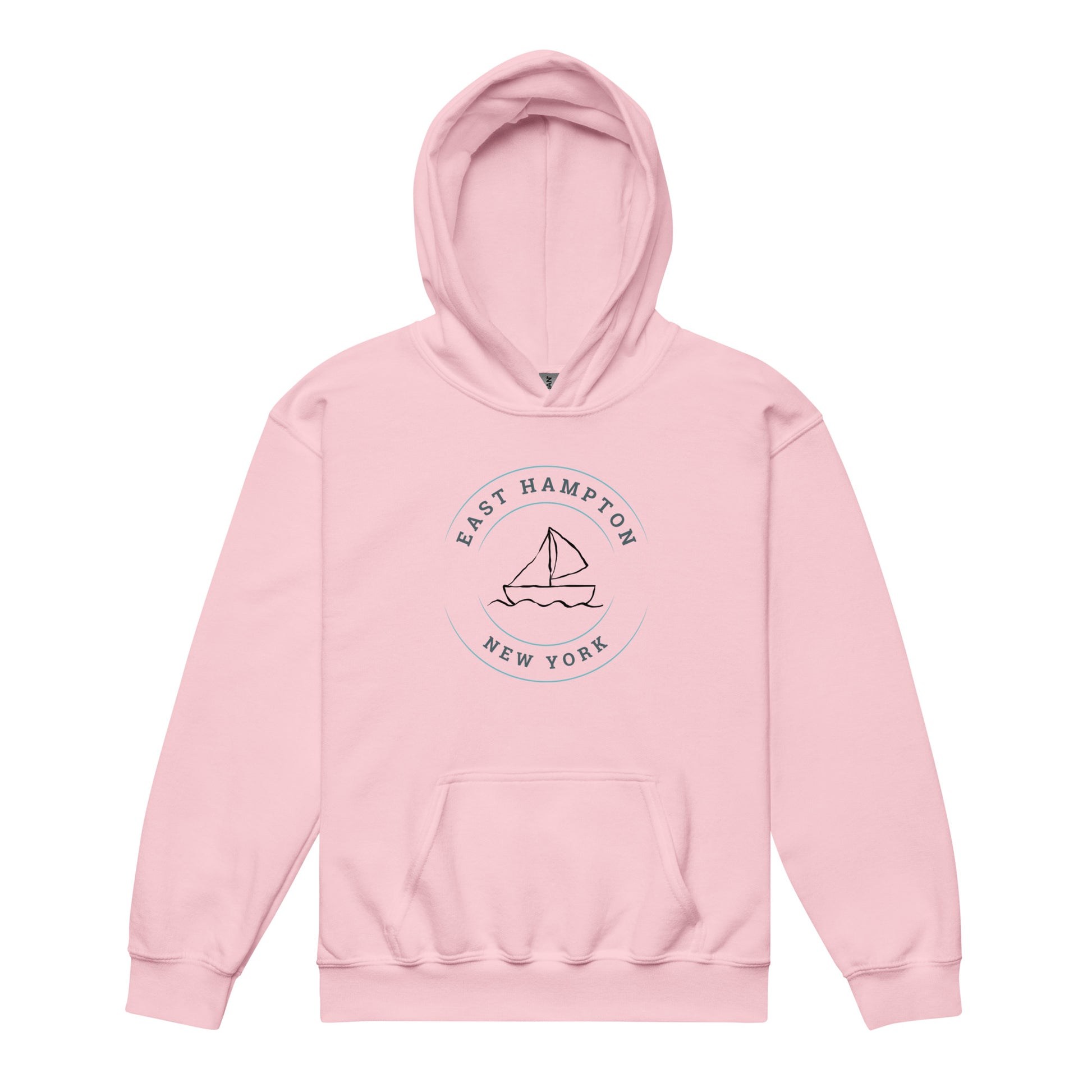 Pink Kids East Hampton Sweatshirt with minimalist sailboat logo and East Hampton New York text, stylish coastal apparel for kids.