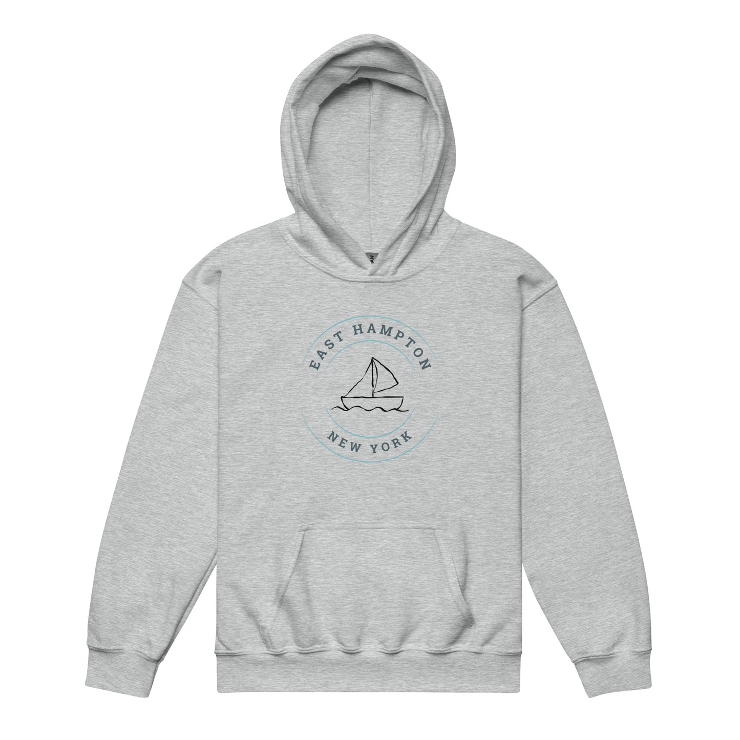 Grey Kids East Hampton Sweatshirt with sailboat graphic and East Hampton New York text, perfect for cozy coastal kids' fashion.