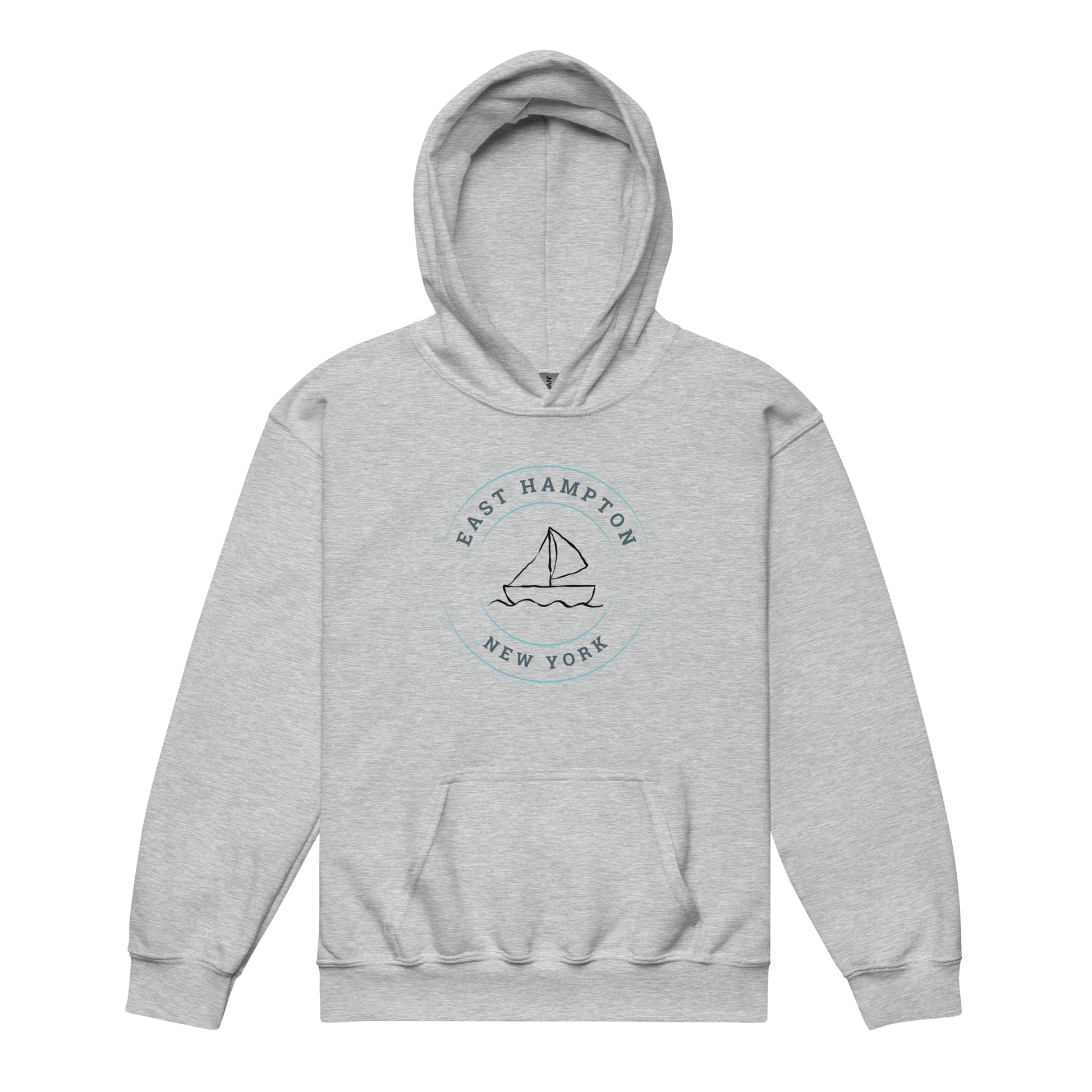 Grey Kids East Hampton Sweatshirt with sailboat graphic and East Hampton New York text, perfect for cozy coastal kids' fashion.