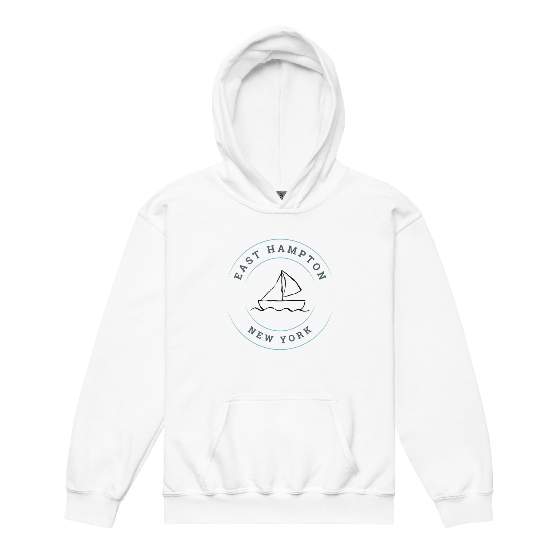 White Kids East Hampton Sweatshirt with sailboat graphic and East Hampton New York lettering, unisex cozy crewneck for beachwear.
